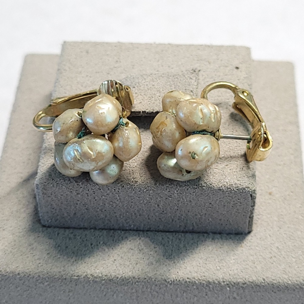Vintage Faux Baroque Pearl Cluster Clip On Earrings As Is Verdigris Green Patina